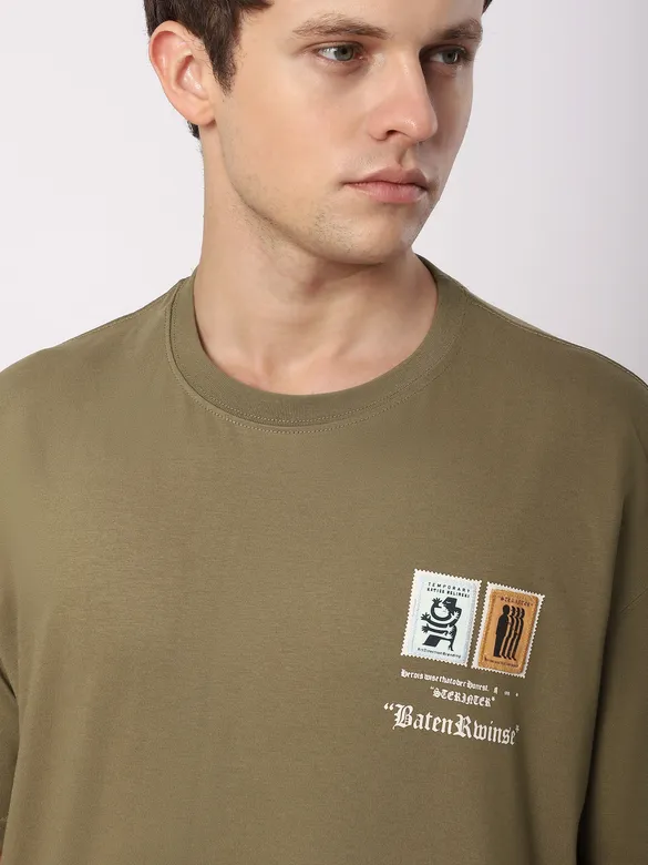 Dark Tan Stamps Printed Oversized T-Shirt